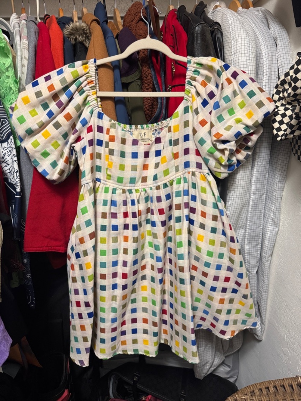Fashion Brand Company Multicolor Checked Puff-Sleeve Mini Dress